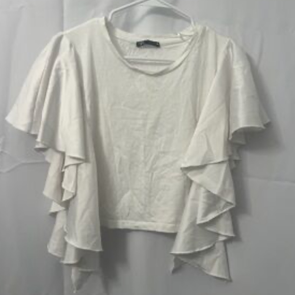 Zara White Butterfly Ruffle Sleeve T-Shirt Top